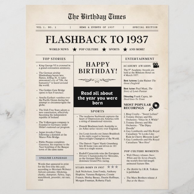 Born in 1937 Mock Newspaper sepia (Front)