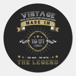 Born In 1951 Birthday Vintage Classic Round Sticker