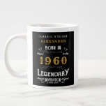 Born in 1960 Legend Large Coffee Mug<br><div class="desc">For those born in 1960 and celebrating birthday we have the ideal birthday giant coffee mug. The black background with a white and gold vintage typography design design is simple and yet elegant with a retro feel. Easily customize the text of this birthday gift using the template provided. More gifts...</div>