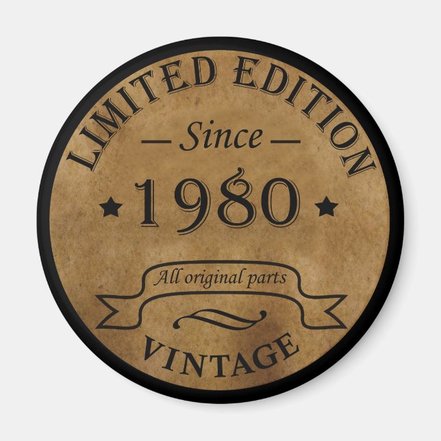 Born in 1980 vintage birthday magnet (Front)