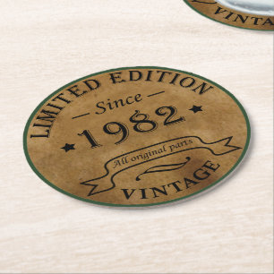 Born in 1982 elegant vintage birthday party round paper coaster
