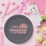 born in 1982 vintage birthday gift paper plate<br><div class="desc">You can add some originality to your wardrobe with this modern and elegant purple and pink colour sunset vintage retro-looking birthday design with awesome typography font lettering, it is a great gift idea for women, wives, and girlfriends who will love this one-of-a-kind artwork. The best and most fun holiday present...</div>