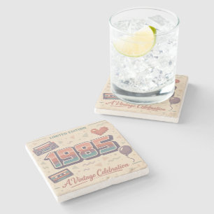 Born in 1985 Vintage Stone Coaster   Retro 80s 