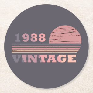 born in 1988 vintage birthday round paper coaster
