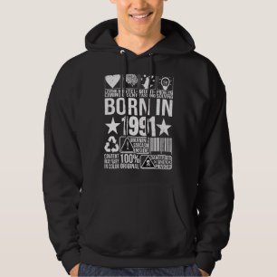 Born In 1991 Content Warning Label Barcode Birthda Hoodie