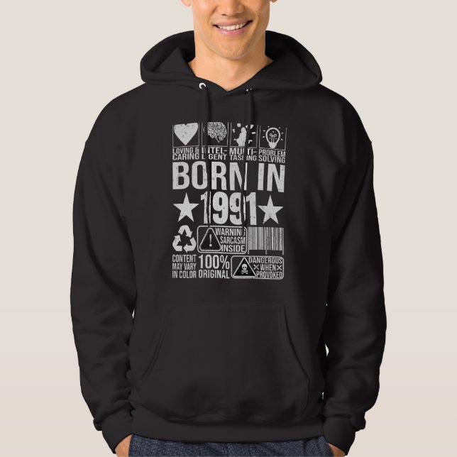 Born In 1991 Content Warning Label Barcode Birthda Hoodie (Front)