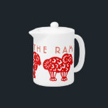Born in Fire Ram Year Chinese Zodiac Teapot<br><div class="desc">Large red (for fire element) Ram papercut. Customizable white teapot. You can easily change text (colour, font, size and position) by clicking the customize button. Perfect for Chinese New Year of The Ram, Sheep or Goat and birthday (people born in Ram or Goat year). -------- The Goat (Chinese: 羊; pinyin:...</div>