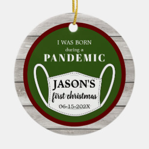Born in Pandemic Red and green with wood and photo Ceramic Ornament