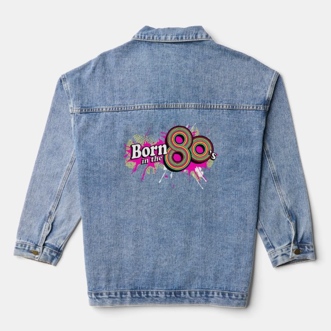 Born in the 80's colourful text graphic design denim jacket (Back)
