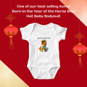 Born in the Year of the Horse Blue Hat Baby Bodysuit
