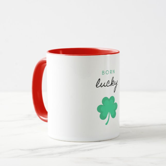 "BORN LUCKY SHAMROCK" TWO TONE MUG. MUG (Front Left)