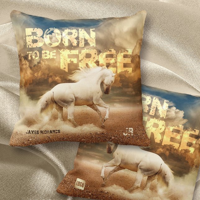 Born to be Free: Running White Horse in Desert - Throw Pillow (Creator Uploaded)