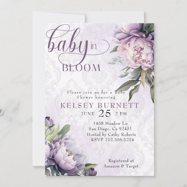 Born to Bloom purple floral Baby Shower Invitation (Front)