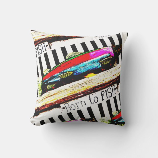 Born to fish,  colourful fisherman's pattern outdoor pillow (Front)