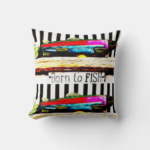 Born to fish, colourful fisherman's pattern throw pillow