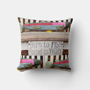 Born to fish,  colourful fisherman's pattern throw pillow