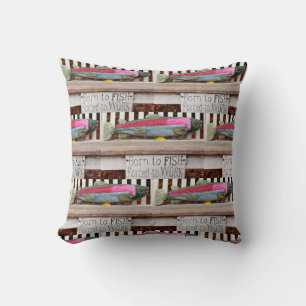 Born to fish,  colourful fisherman's pattern throw pillow