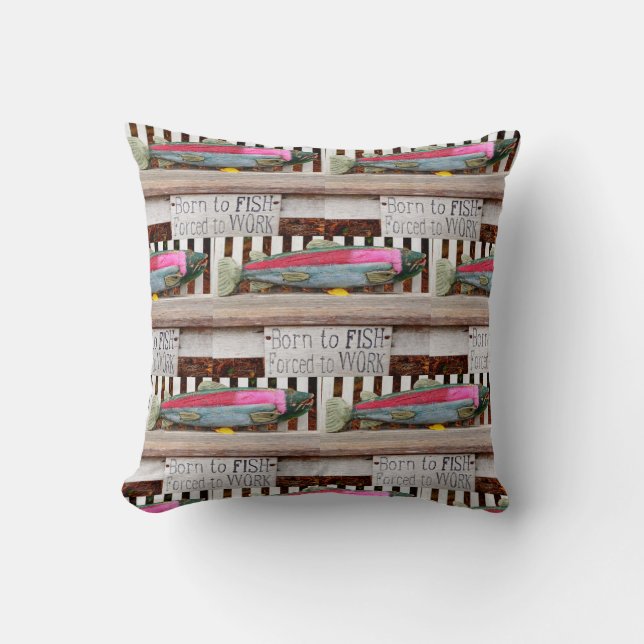 Born to fish,  colourful fisherman's pattern throw pillow (Front)