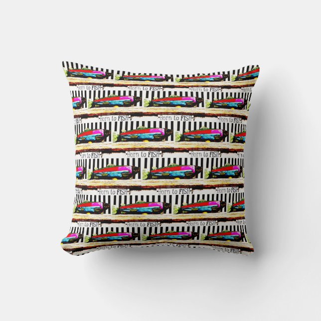 Born to fish,  colourful fisherman's pattern throw pillow (Front)