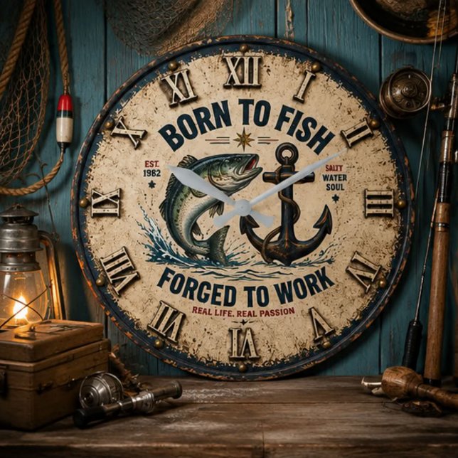 Born to Fish Forced to Work Rustic Fisherman Gift Large Clock (Creator Uploaded)