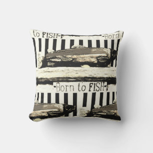 Born to fish, sepia tone fisherman's pattern outdoor pillow