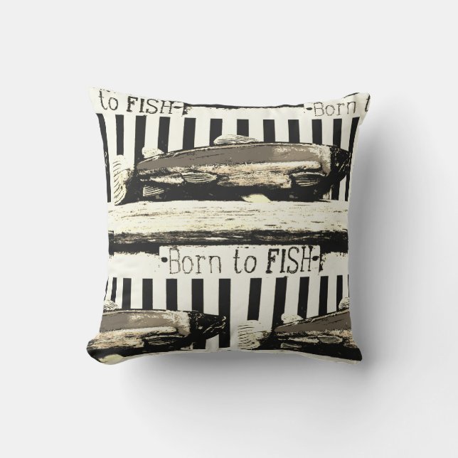 Born to fish,  sepia tone fisherman's pattern outdoor pillow (Front)