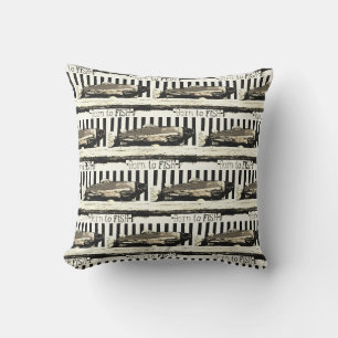 Born to fish, sepia tone fisherman's pattern outdoor pillow
