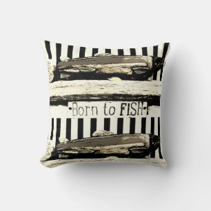 Born to fish, sepia tone fisherman's pattern throw pillow