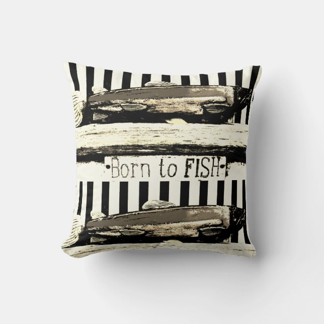 Born to fish, sepia tone fisherman's pattern throw pillow (Front)