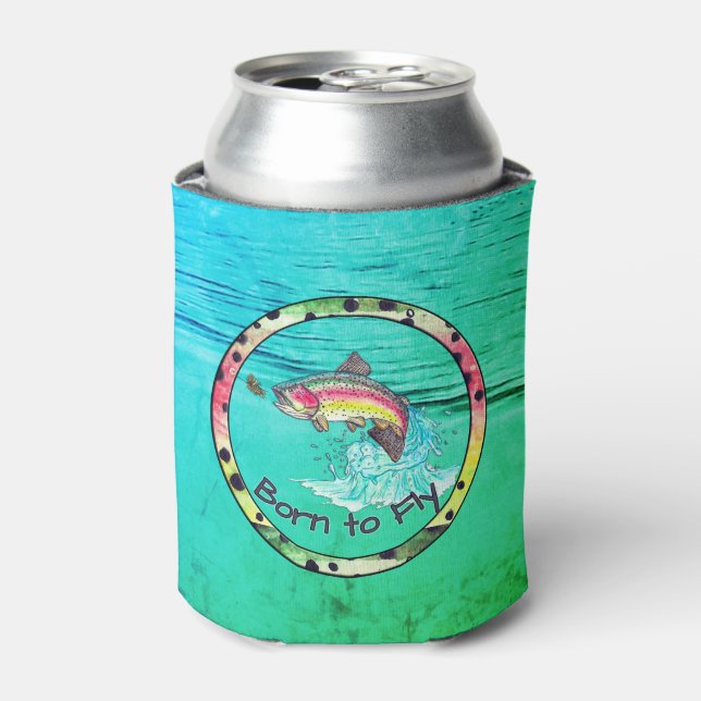 Born to Fly Rainbow Trout Fly Fishing Can Cooler (Can Front)