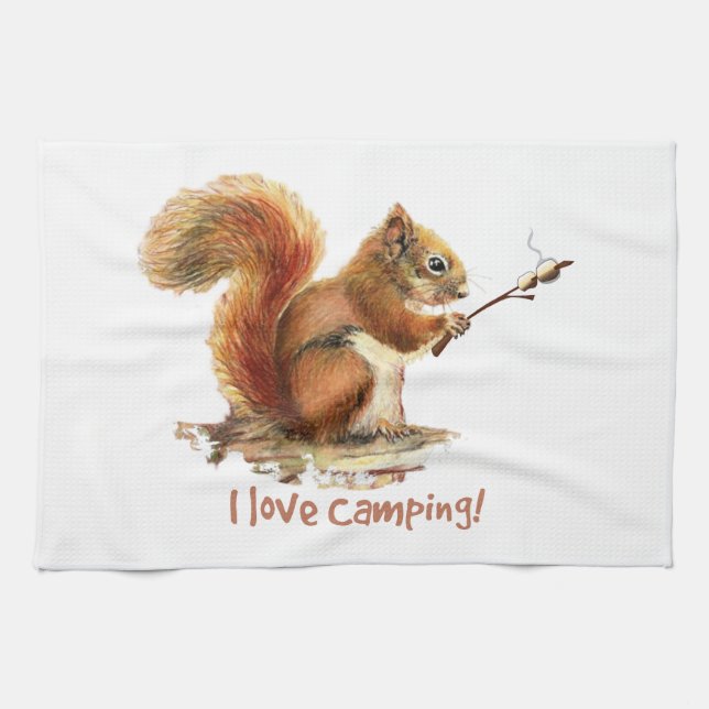 BORN TO GO CAMPING Fun Squirrel Cute Animal Quote Kitchen Towel (Horizontal)