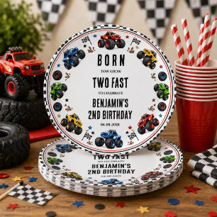 Born to Grow Two Fast Monster Trucks 2nd Birthday Paper Plate