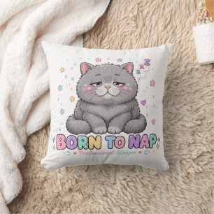Born to Nap Kawaii Cat Throw Pillow
