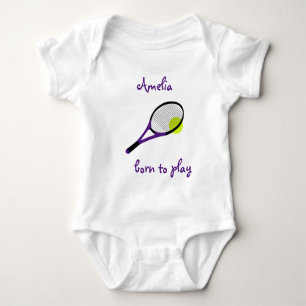 Born to play, Tennis Ball and Racquet, Personalize Baby Bodysuit