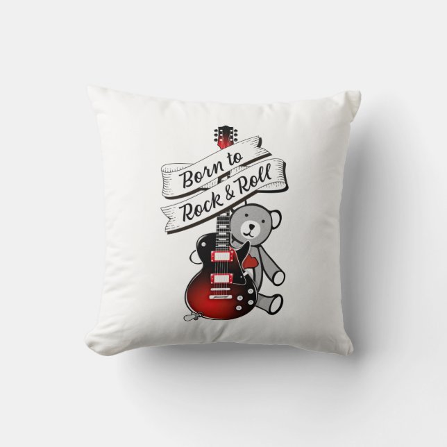 Born to Rock and Roll Baby Bear Kids Guitar Music  Throw Pillow (Front)