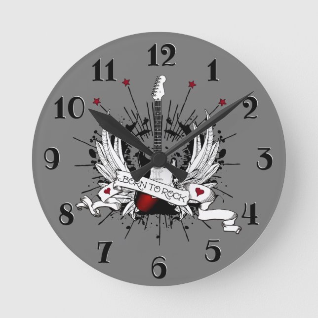 Born to Rock & Roll Guitar Rockabilly Tattoo Style Round Clock (Front)
