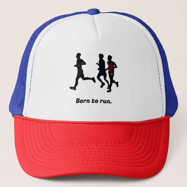 Born to run, 3 runners running, sport hats (Front)