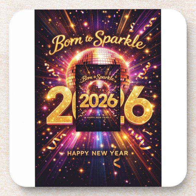 Born to Sparkle 2026 Disco Ball Happy New Year Coaster (Front)