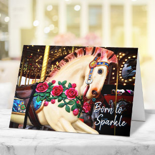 Born to Sparkle Carousel Horse Photo Calligraphy Card
