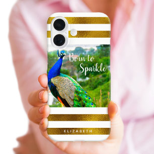 Born to Sparkle Chic Peacock Gold White Stripes iPhone 16 Case