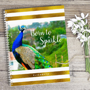 Born to Sparkle Chic Peacock   Gold White Stripes Notebook