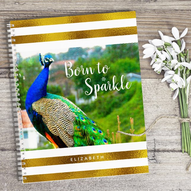 Born to Sparkle Peacock Gold White Stripes Chic Notebook (Creator Uploaded)