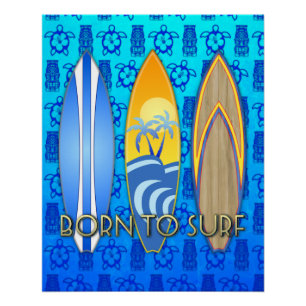 Born To Surf Blue Tiki Poster