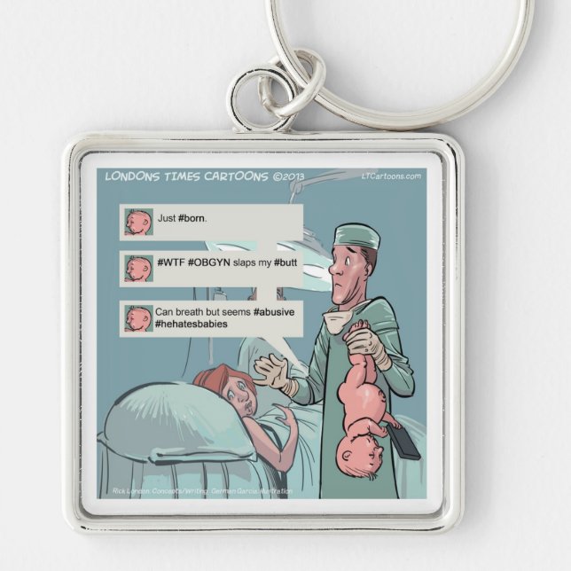 Born To Tweet Funny Cartoon Keychain (Front)