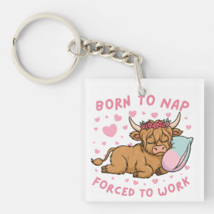 Born to Yap Forced to Work Funny Highland Cow Meme Keychain