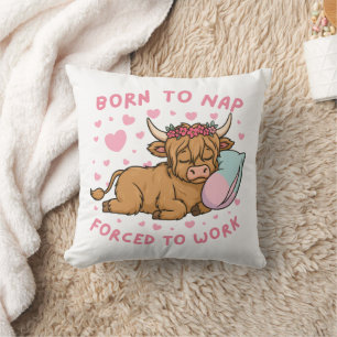 Born to Yap Forced to Work Funny Highland Cow Meme Throw Pillow