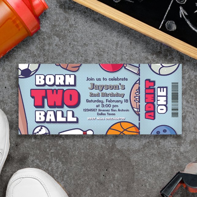 Born Two Ball - 2nd Birthday Boy Ticket Invitation (Born Two Ball - 2nd Birthday Boy Ticket Invitation - Sports Themed)