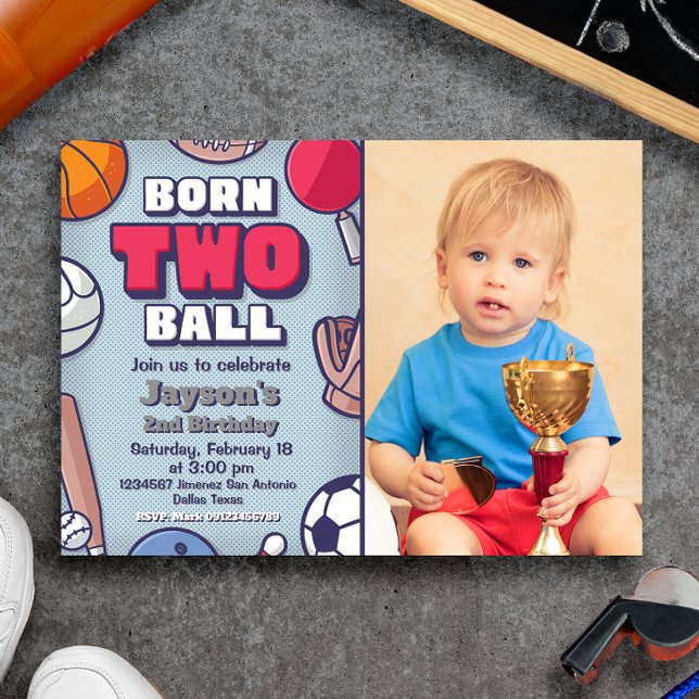 Born Two Ball Invitation with Photo (Born Two Ball Boy 2nd Birthday Landscape Invitation with Photo Picture)