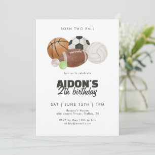 Born Two Ball Sports Balls 2nd Birthday Party Kids Invitation