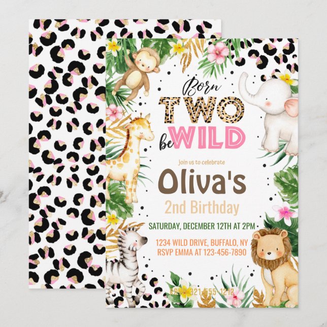 Born Two Be Wild 2nd Birthday Jungle Animals Invitation (Front/Back)